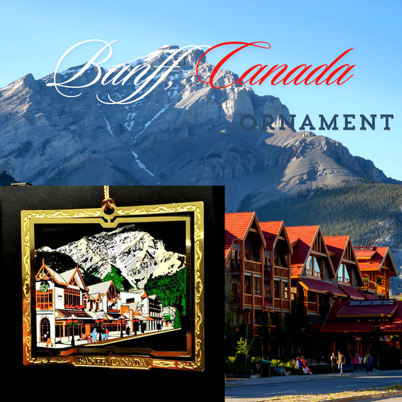 Banff Alberta Canada Ornament Color Brass Town Scene Mt Cascade Mt Rundle - Picture 2 of 6